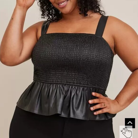 Torrid Faux Leather Peplum Smocked Cami Top Black Sleeveless Sz 00 (M/L 10) NWT - Picture 1 of 12